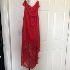 Red high low strapless dress